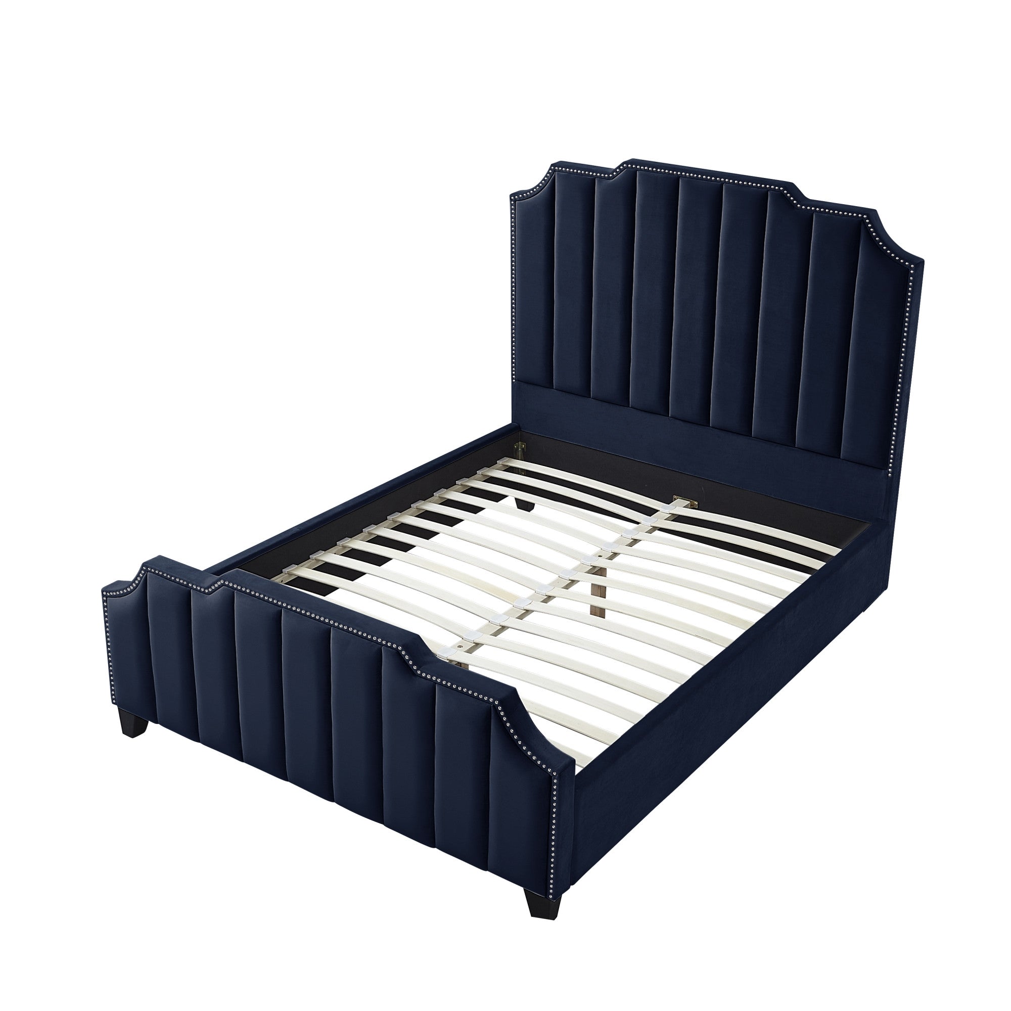 Navy Blue Solid Wood Queen Tufted Upholstered Velvet Bed with Nailhead Trim