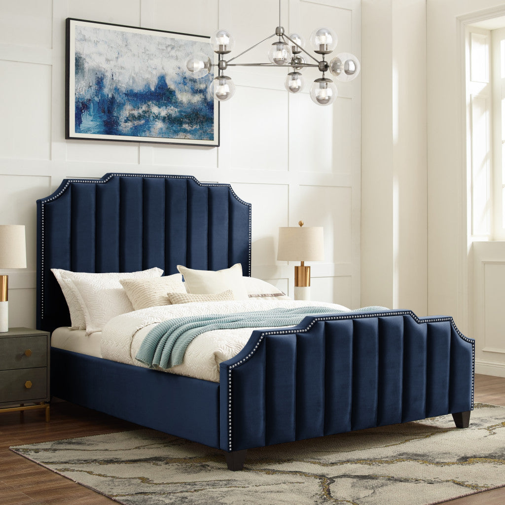 Navy Blue Solid Wood Queen Tufted Upholstered Velvet Bed with Nailhead Trim