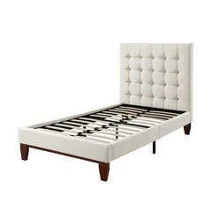 Beige Solid Wood Full Tufted Upholstered Linen Bed