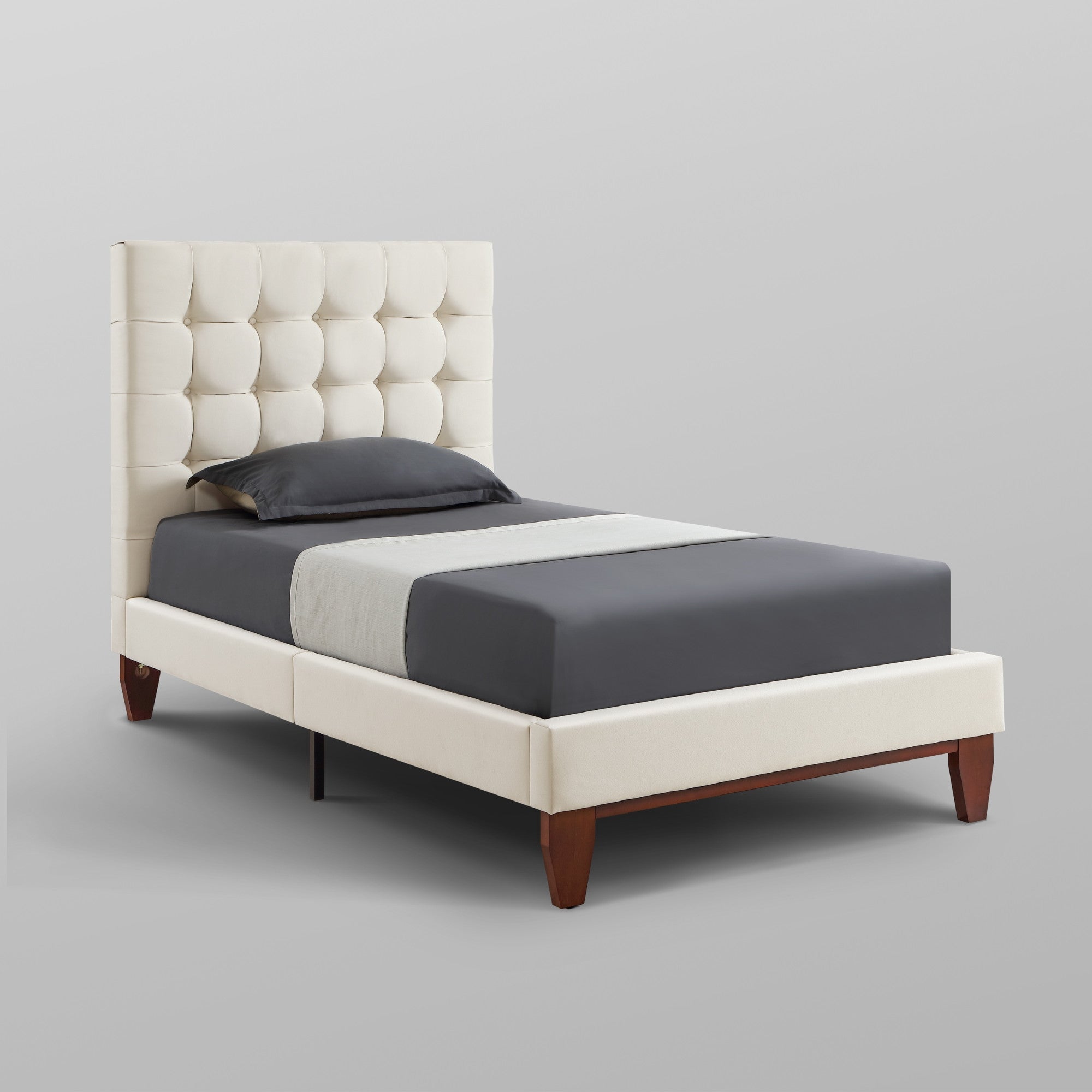 Beige Solid Wood Full Tufted Upholstered Linen Bed