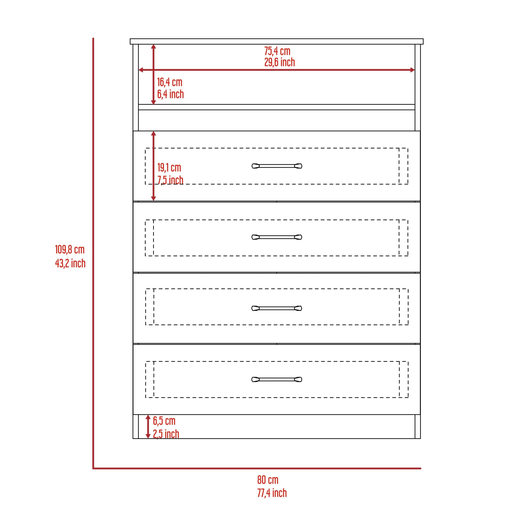 32" White Four Drawer Dresser