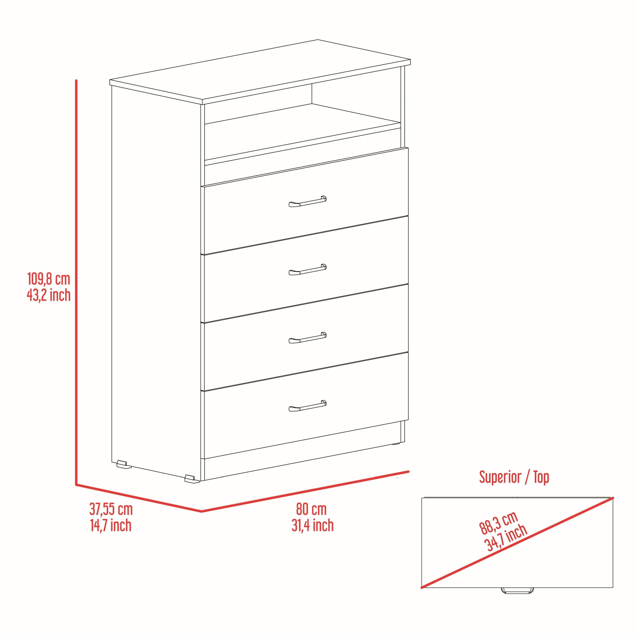 32" White Four Drawer Dresser