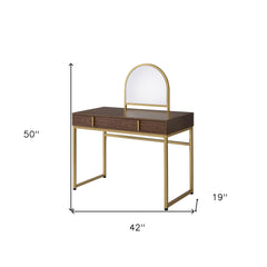 50" Walnut & Gold Finish Round Dresser Mirror