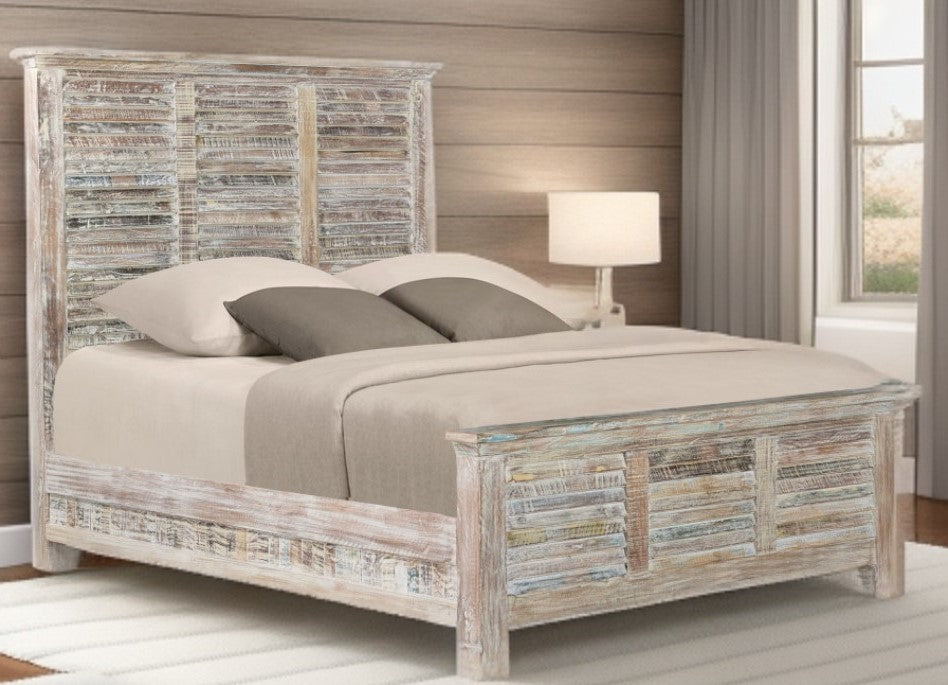 Distressed White and Multi Shutter Style Reclaimed Wood Queen Bed