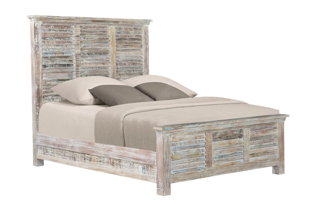 Distressed White and Multi Shutter Style Reclaimed Wood Queen Bed