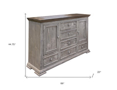 69" Gray Solid Wood Six Drawer Triple Dresser