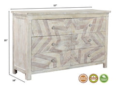 57" White Wash Solid Wood Six Drawer Double Dresser