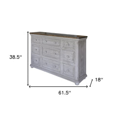 62" Gray Solid Wood Nine Drawer Triple Dresser