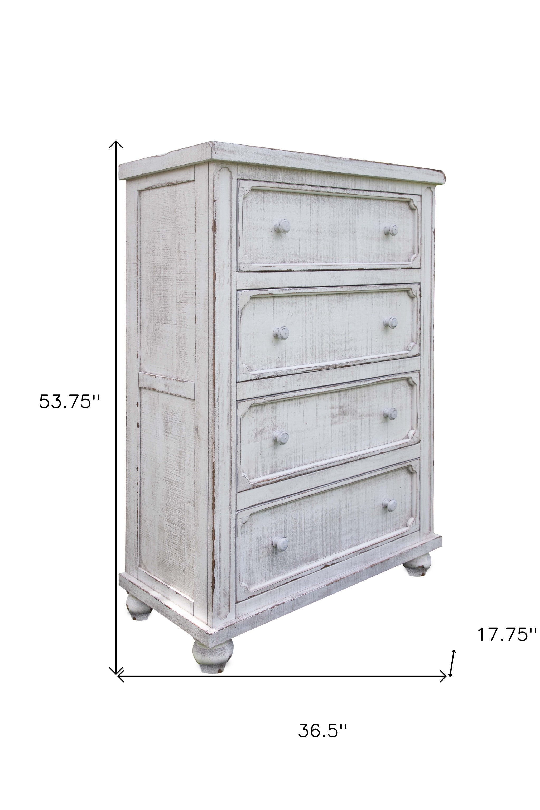 37" Antiqued White Solid Wood Four Drawer Chest