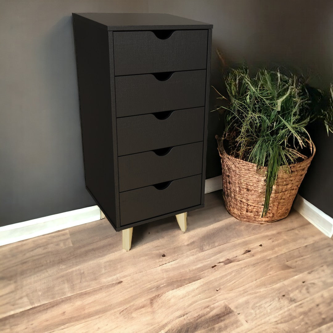 16" Black Solid Wood Five Drawer Lingerie Chest