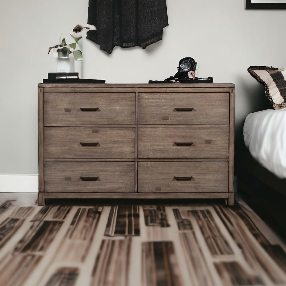 60" Gray Solid Wood Six Drawer Double Dresser