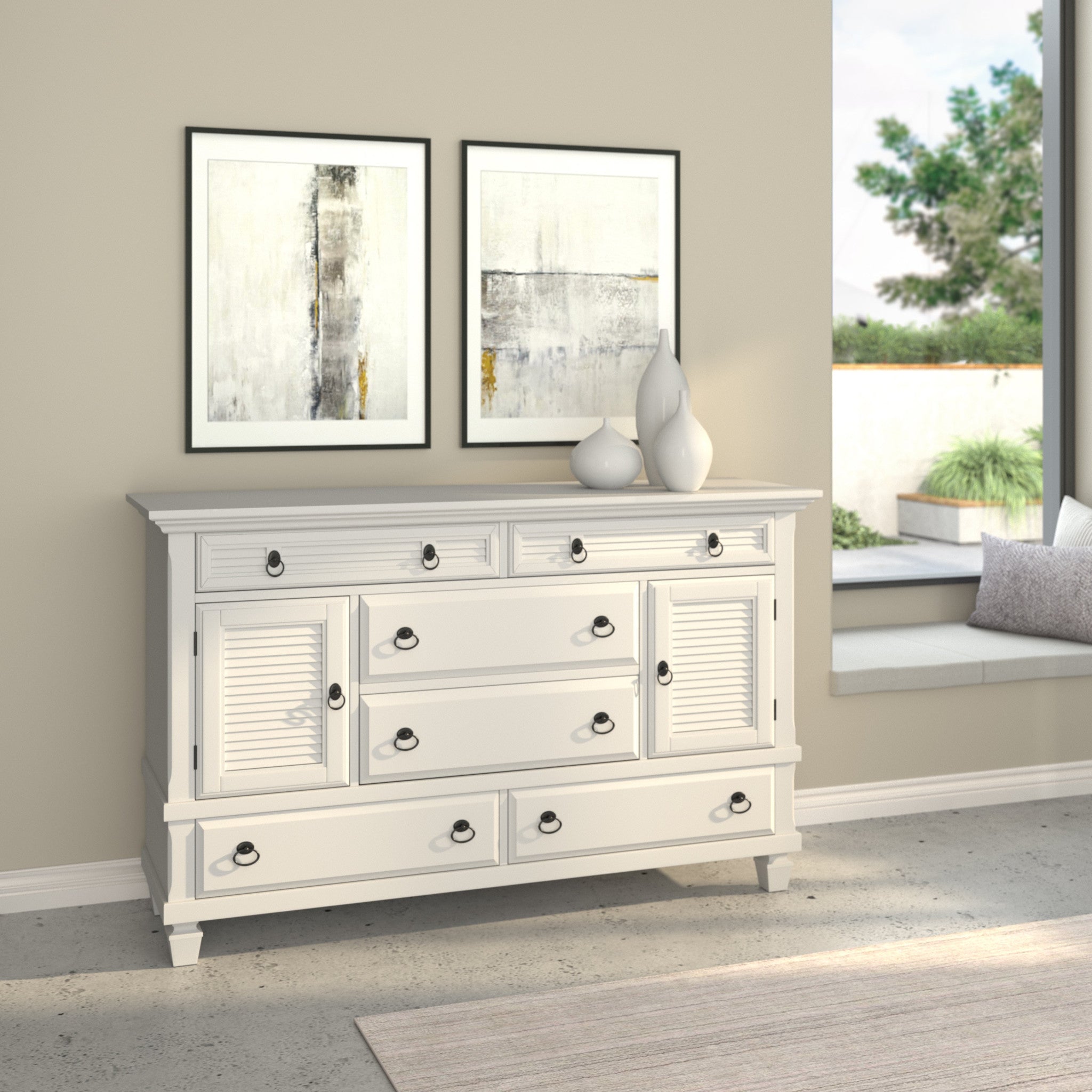 62" White Solid Wood Six Drawer Double Dresser