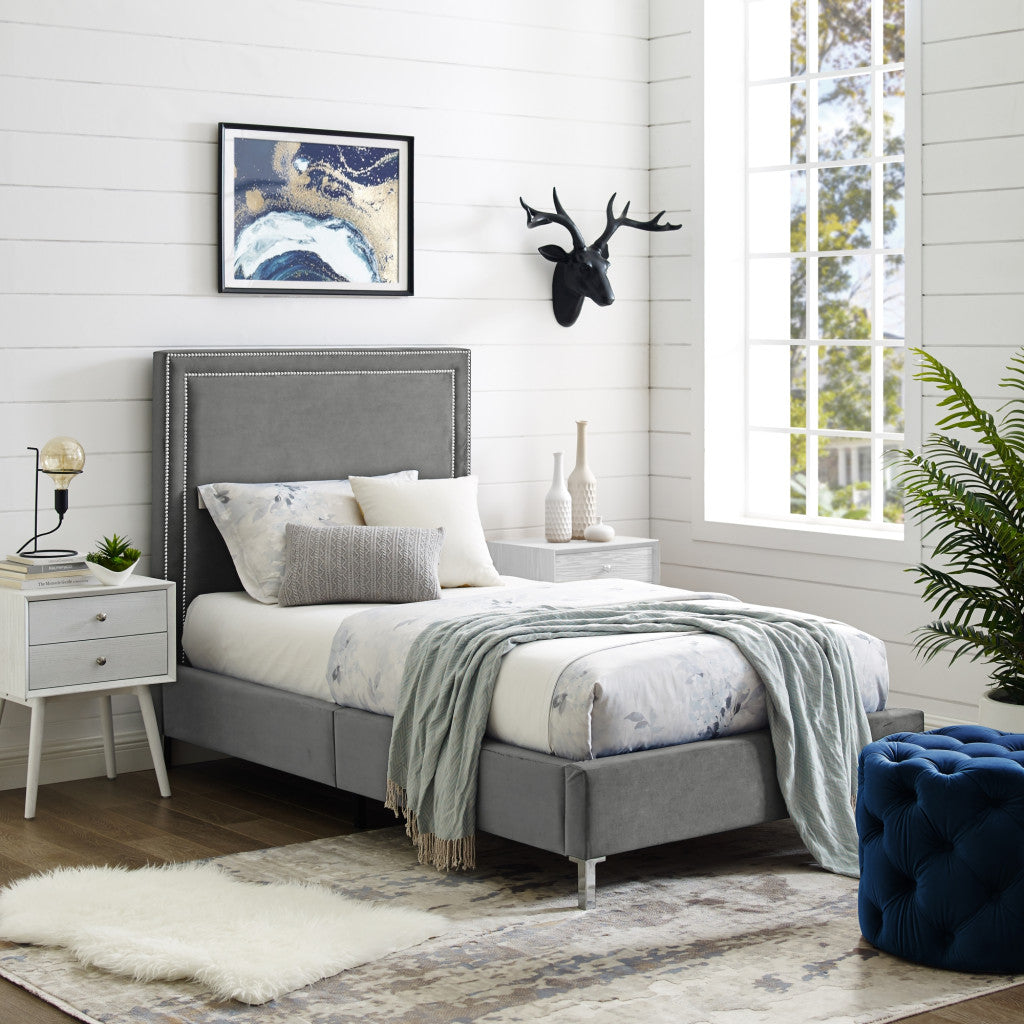 Gray Solid Wood Full Upholstered Velvet Bed with Nailhead Trim