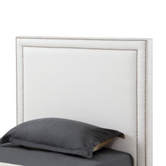 White Solid Wood Full Upholstered Faux Leather Bed with Nailhead Trim