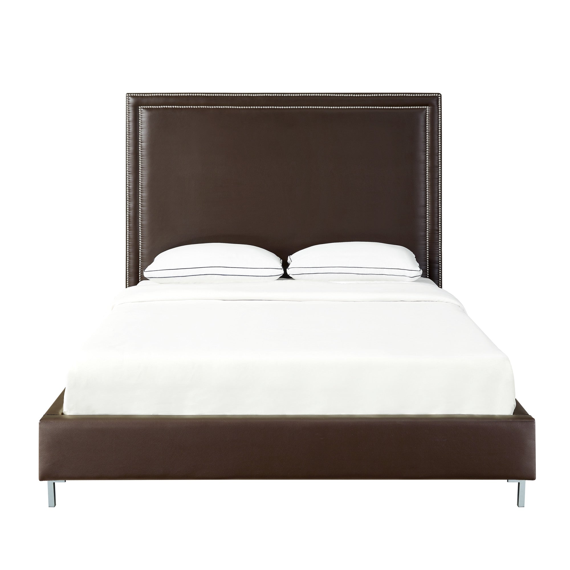 Espresso Solid Wood King Upholstered Faux Leather Bed with Nailhead Trim