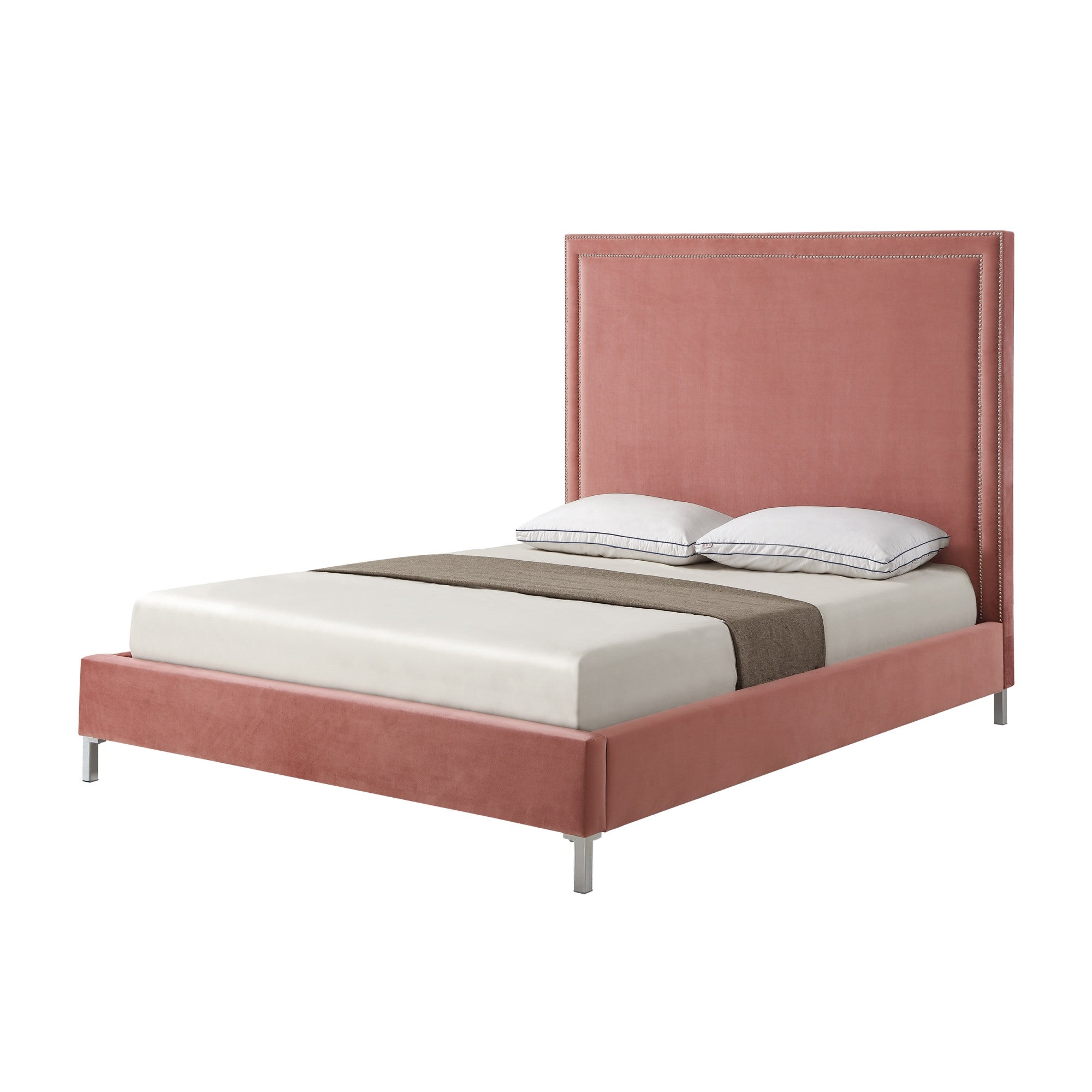 Blush Solid Wood Queen Upholstered Velvet Bed with Nailhead Trim