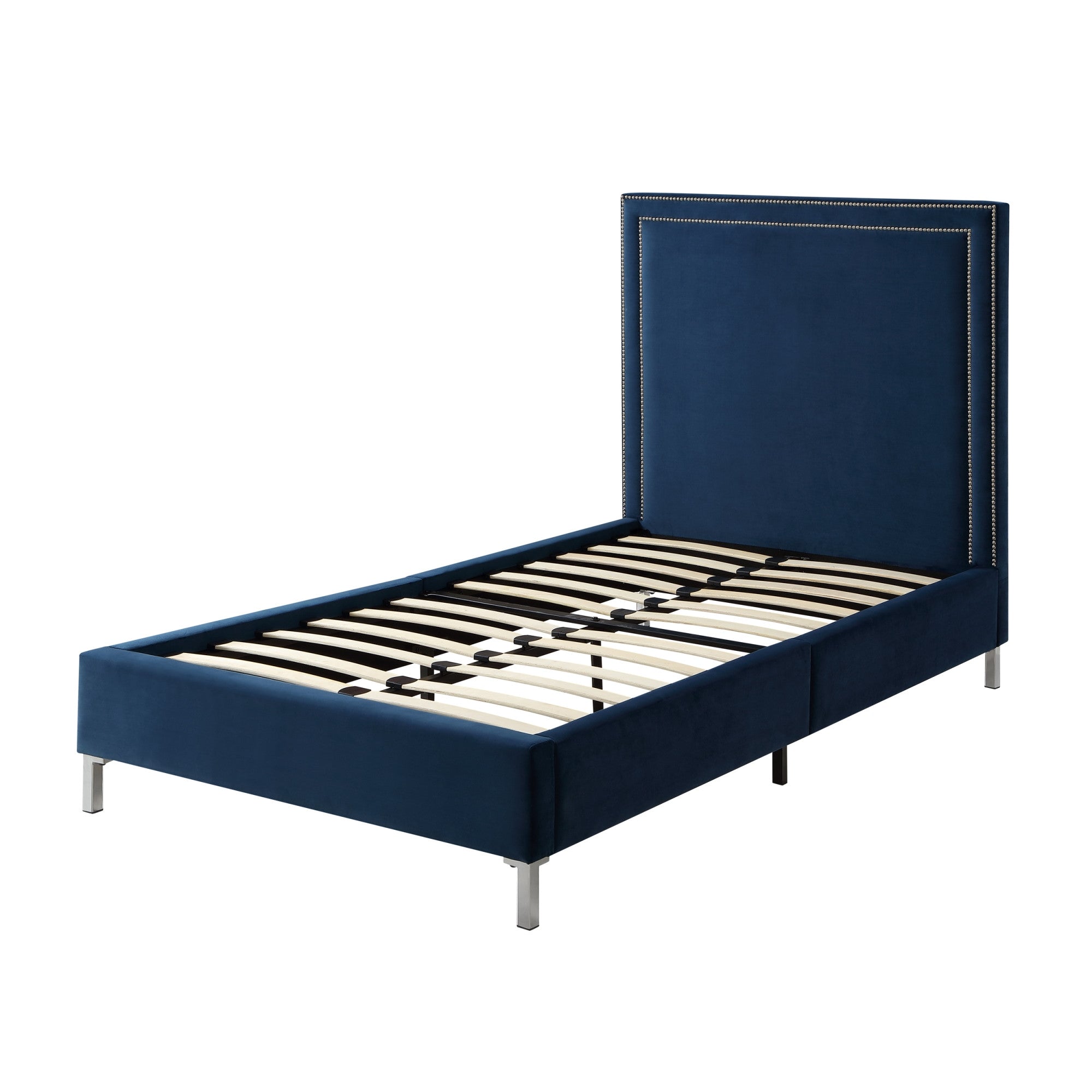 Navy Blue Solid Wood Twin Upholstered Velvet Bed with Nailhead Trim