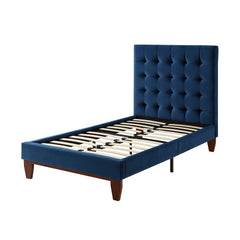 Navy Blue Solid Wood Twin Tufted Upholstered Velvet Bed