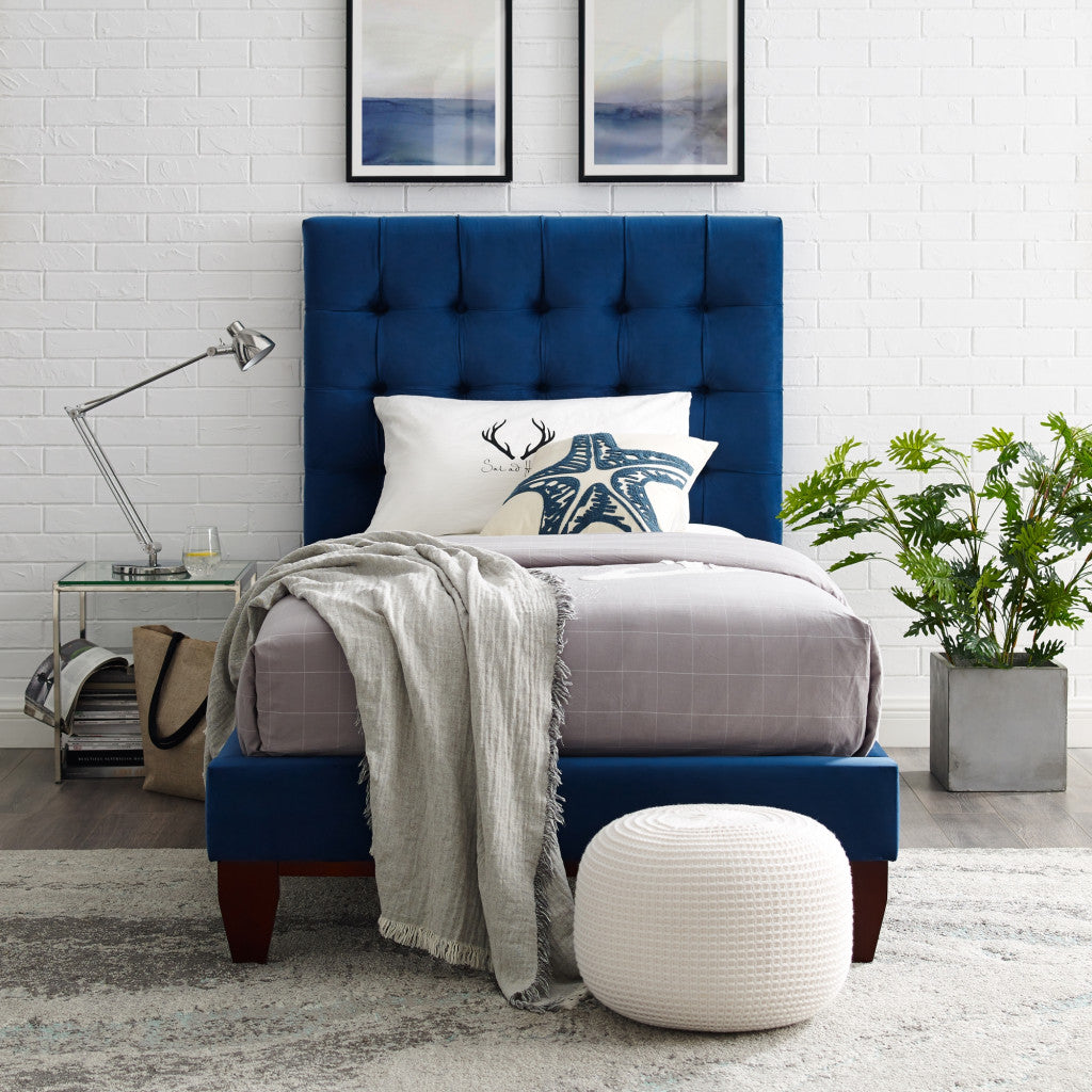 Navy Blue Solid Wood Twin Tufted Upholstered Velvet Bed