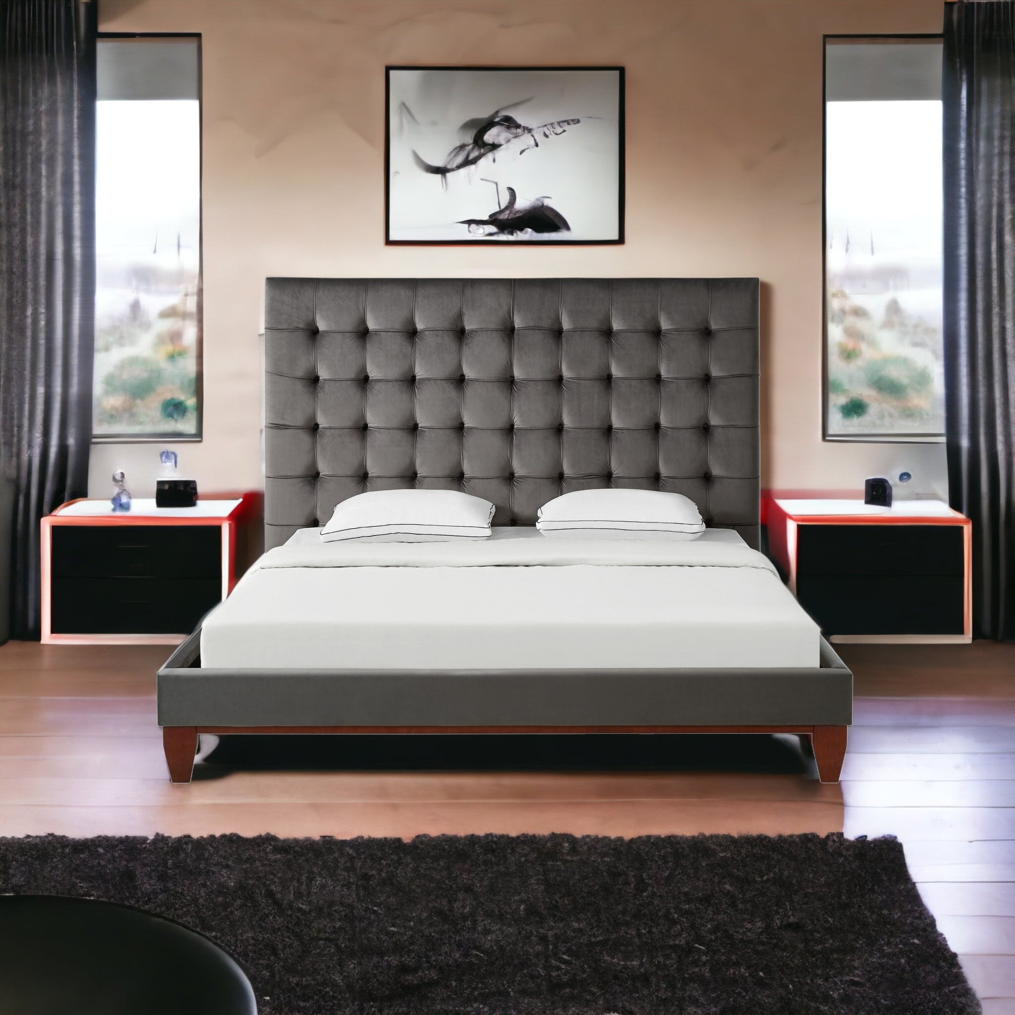 Gray Solid Wood Queen Tufted Upholstered Velvet Bed