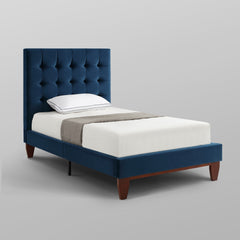 Navy Blue Solid Wood Full Tufted Upholstered Velvet Bed