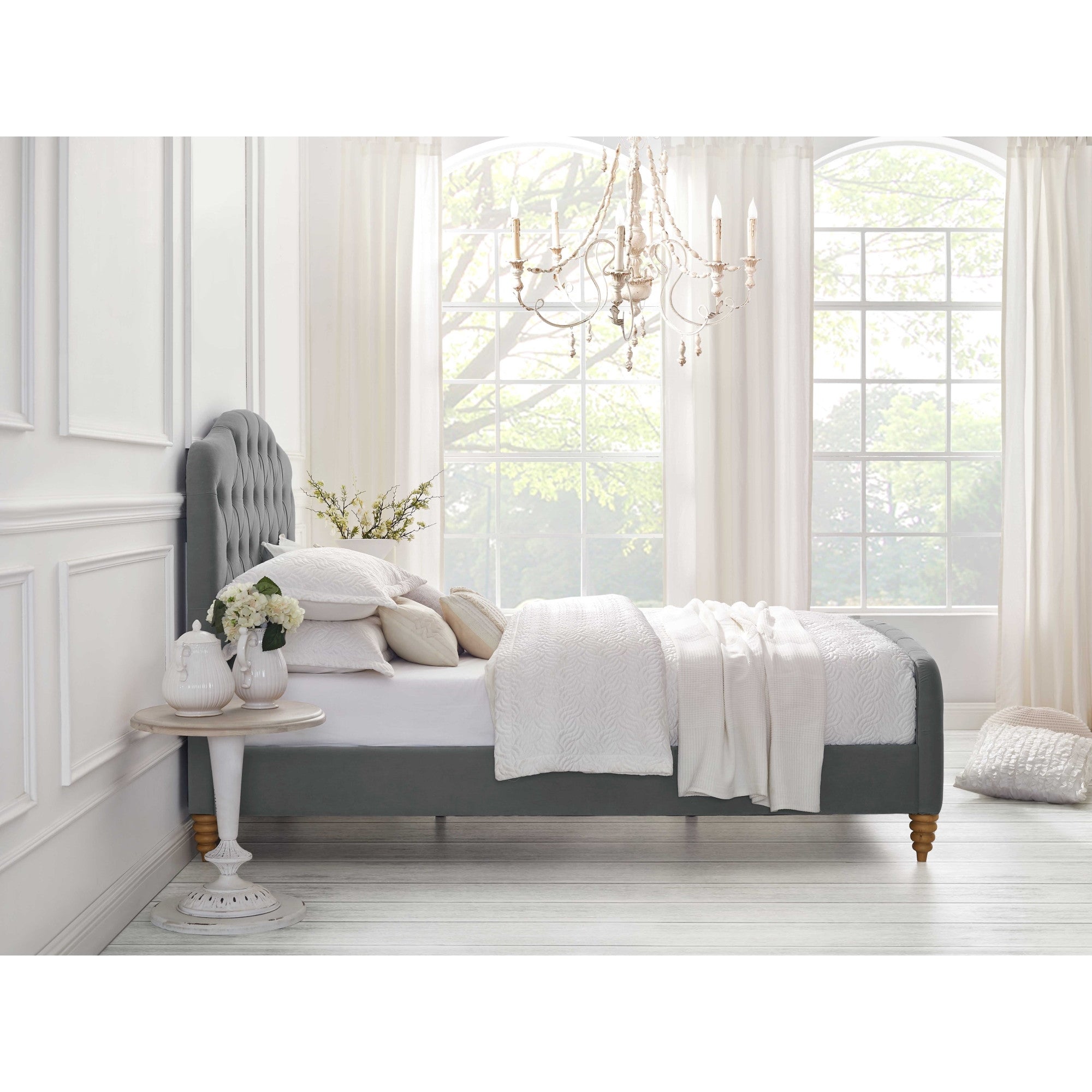 Gray Solid Wood Twin Tufted Upholstered Velvet Bed