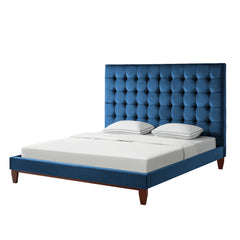 Navy Blue Solid Wood King Tufted Upholstered Velvet Bed