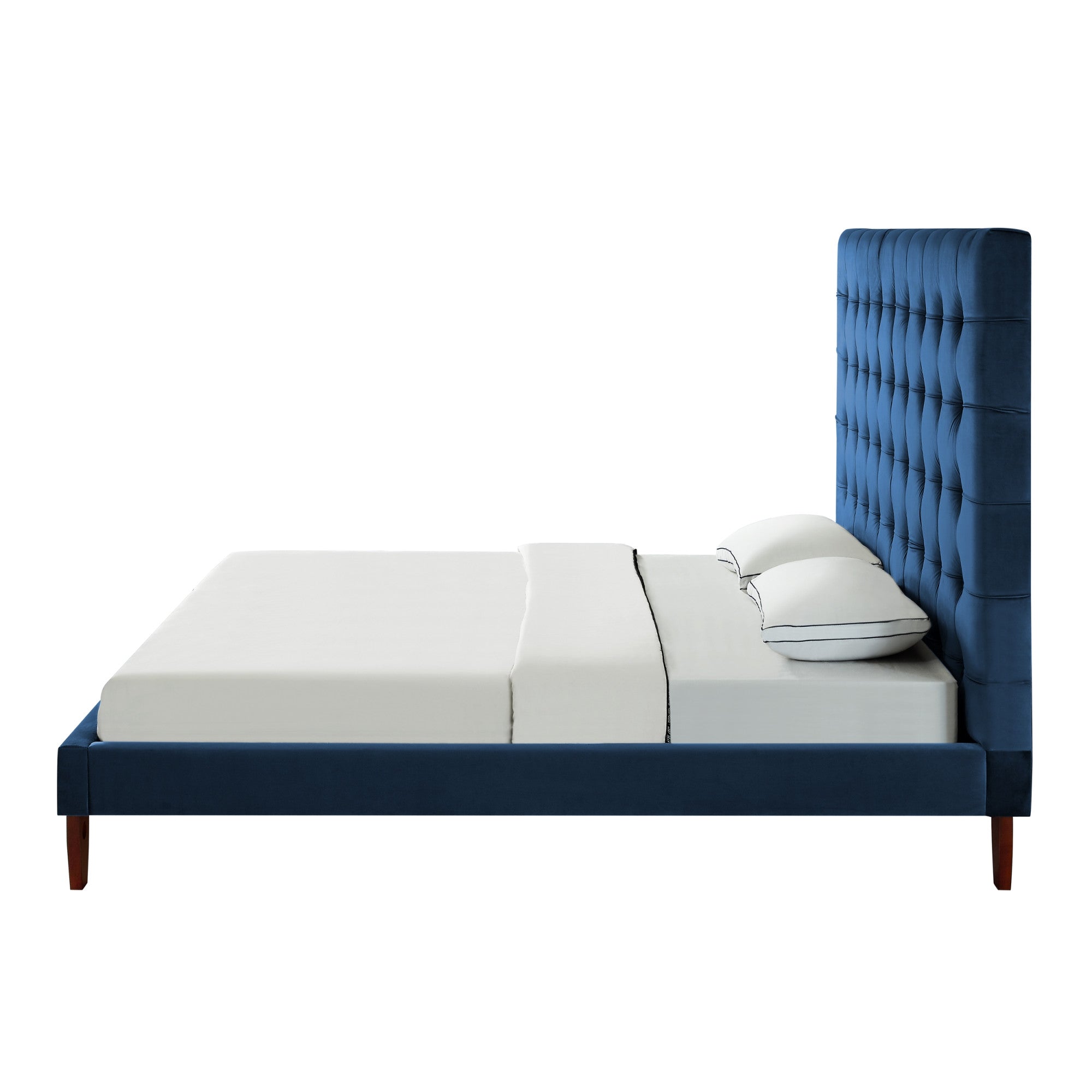 Navy Blue Solid Wood King Tufted Upholstered Velvet Bed