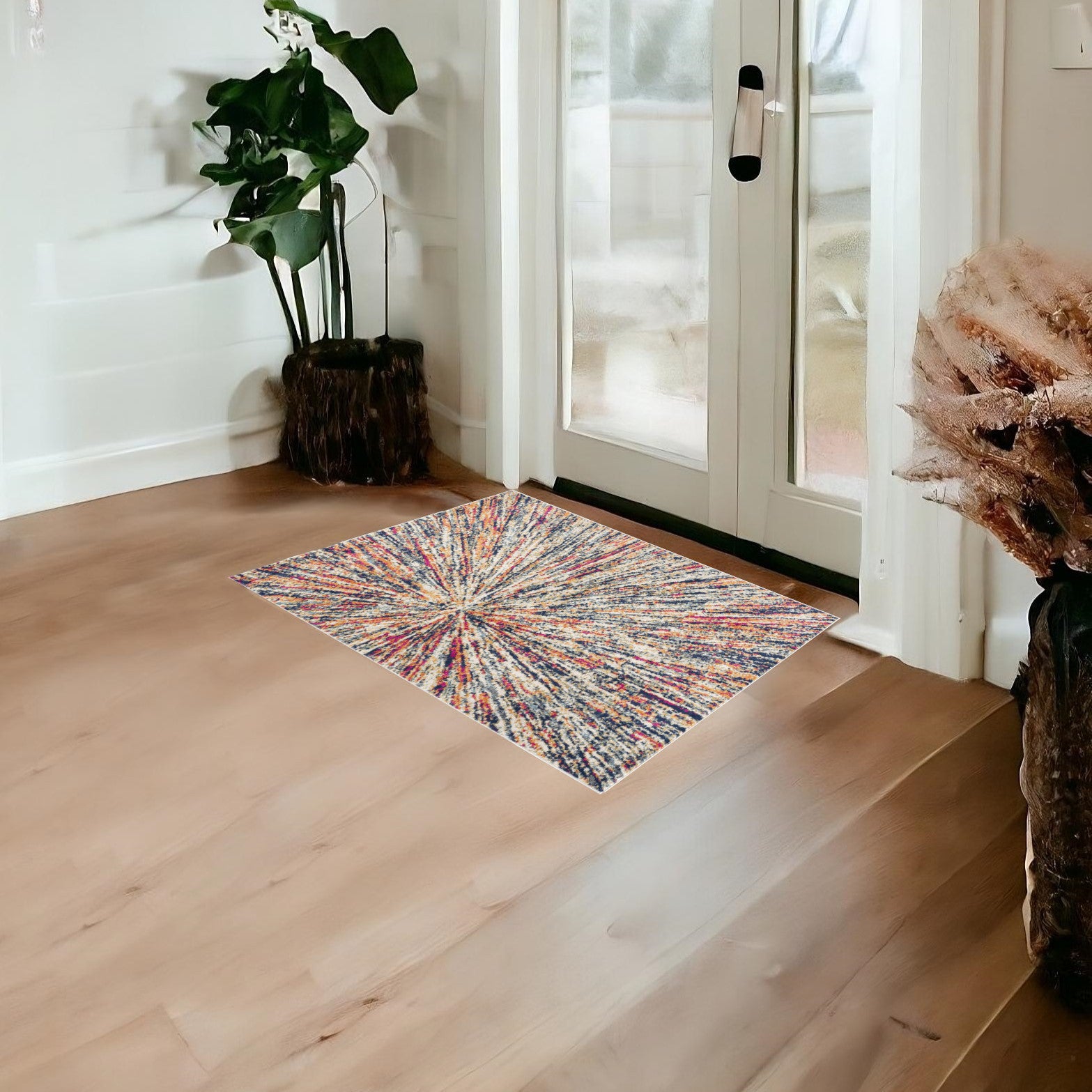 2' x 3' Ivory Blue and Orange Abstract Washable Non Skid Area Rug