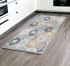 8' Blue and Gray Round Floral Washable Non Skid Area Rug