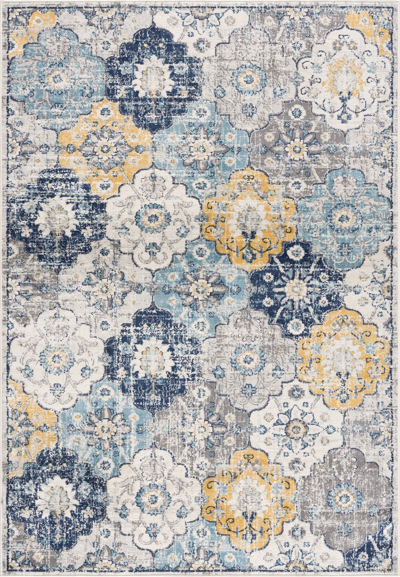 8' Blue and Gray Round Floral Washable Non Skid Area Rug