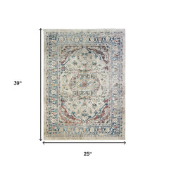 2' x 3' Ivory Blue and Gray Oriental Distressed Area Rug With Fringe