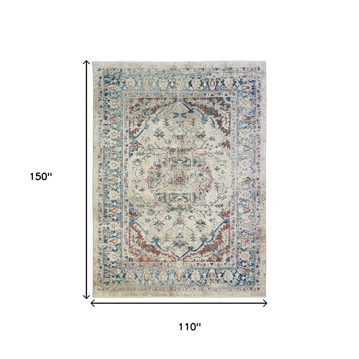 9' X 13' Ivory Blue and Gray Oriental Distressed Area Rug With Fringe