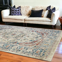 9' X 13' Ivory Blue and Gray Oriental Distressed Area Rug With Fringe