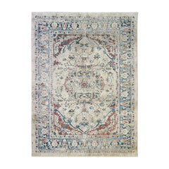 9' X 13' Ivory Blue and Gray Oriental Distressed Area Rug With Fringe