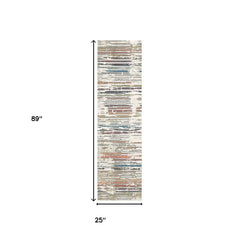 8' Beige Geometric Distressed Runner Rug With Fringe