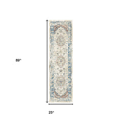 8' Ivory Blue and Gray Oriental Distressed Runner Rug With Fringe