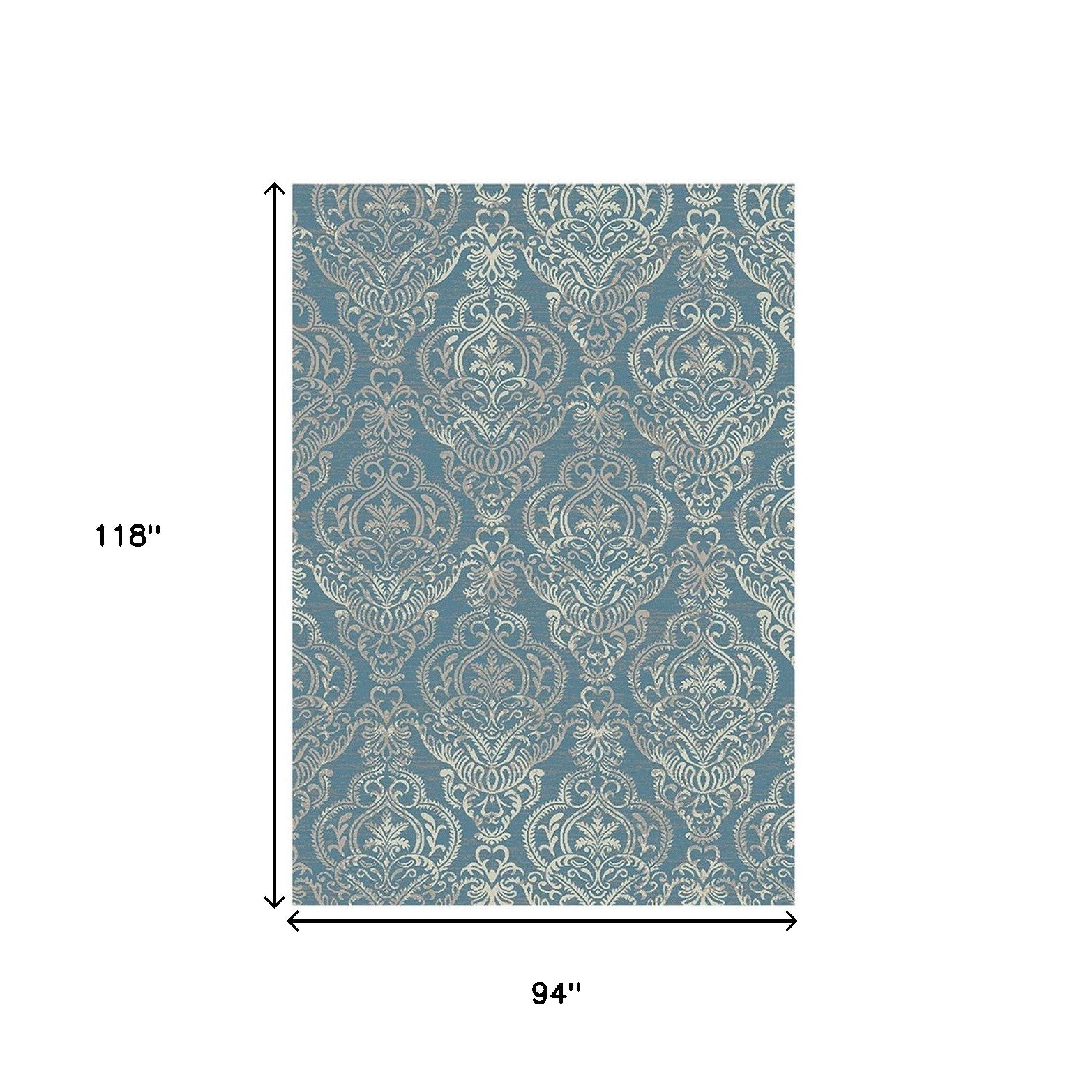 8' x 10' Blue and Beige Damask Distressed Area Rug