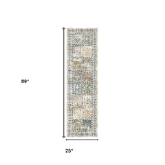 8' Ivory Blue and Gray Patchwork Distressed Runner Rug With Fringe