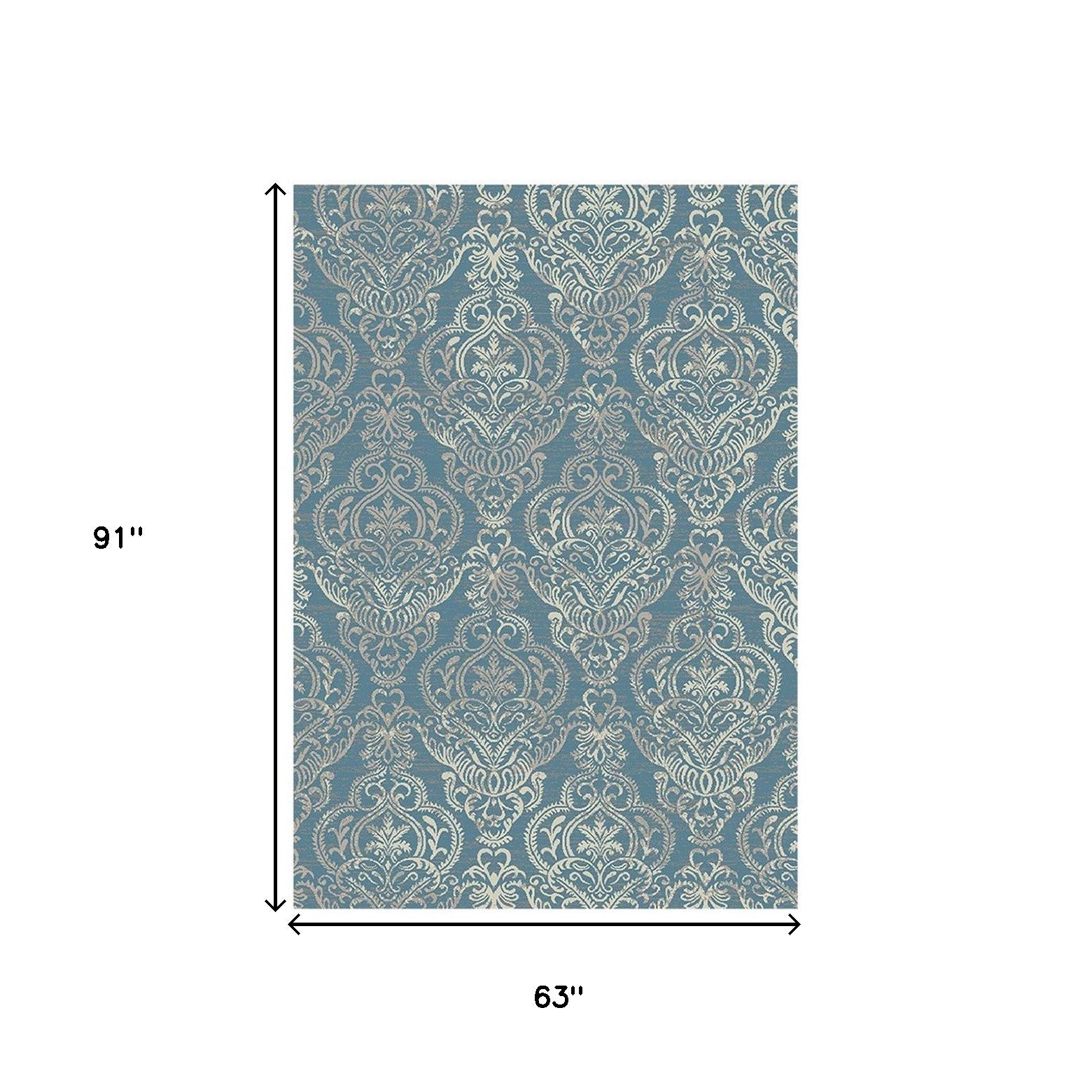 5' x 8' Blue and Beige Damask Distressed Area Rug