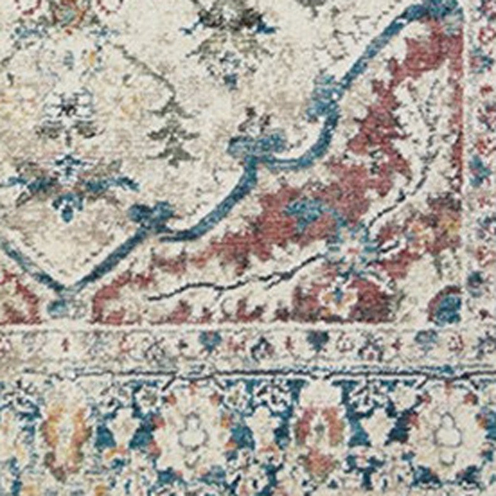 8' x 10' Ivory Blue and Gray Oriental Distressed Area Rug With Fringe