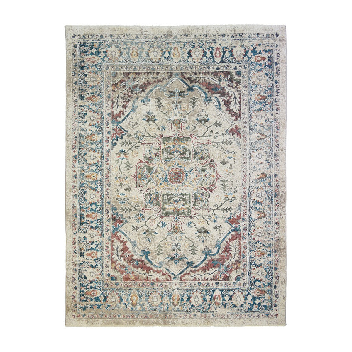 8' x 10' Ivory Blue and Gray Oriental Distressed Area Rug With Fringe