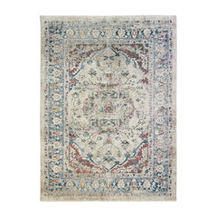 8' x 10' Ivory Blue and Gray Oriental Distressed Area Rug With Fringe