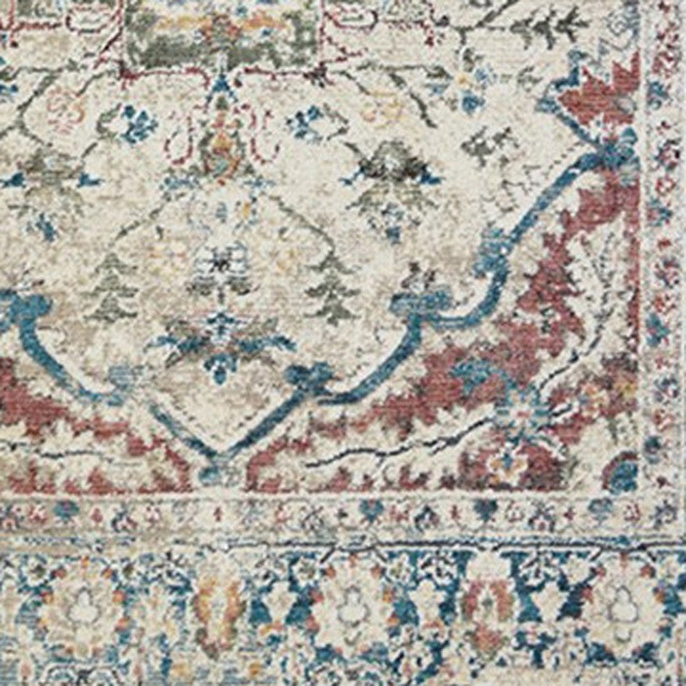 8' x 10' Ivory Blue and Gray Oriental Distressed Area Rug With Fringe