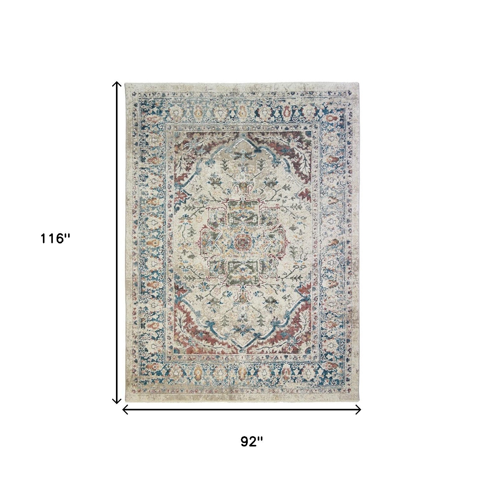 8' x 10' Ivory Blue and Gray Oriental Distressed Area Rug With Fringe
