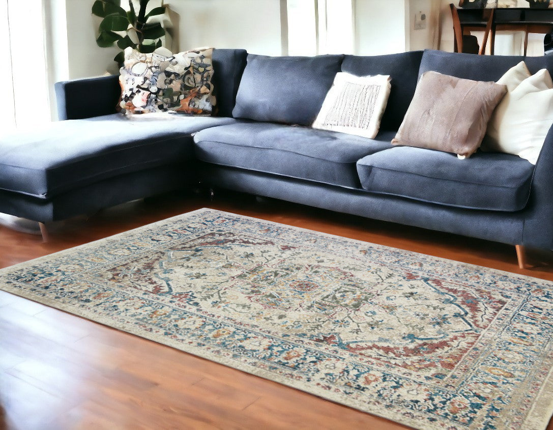 8' x 10' Ivory Blue and Gray Oriental Distressed Area Rug With Fringe