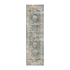 8' Blue and Brown Oriental Distressed Runner Rug With Fringe
