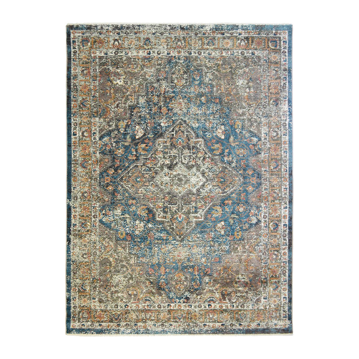 5' x 8' Blue and Brown Oriental Distressed Area Rug With Fringe