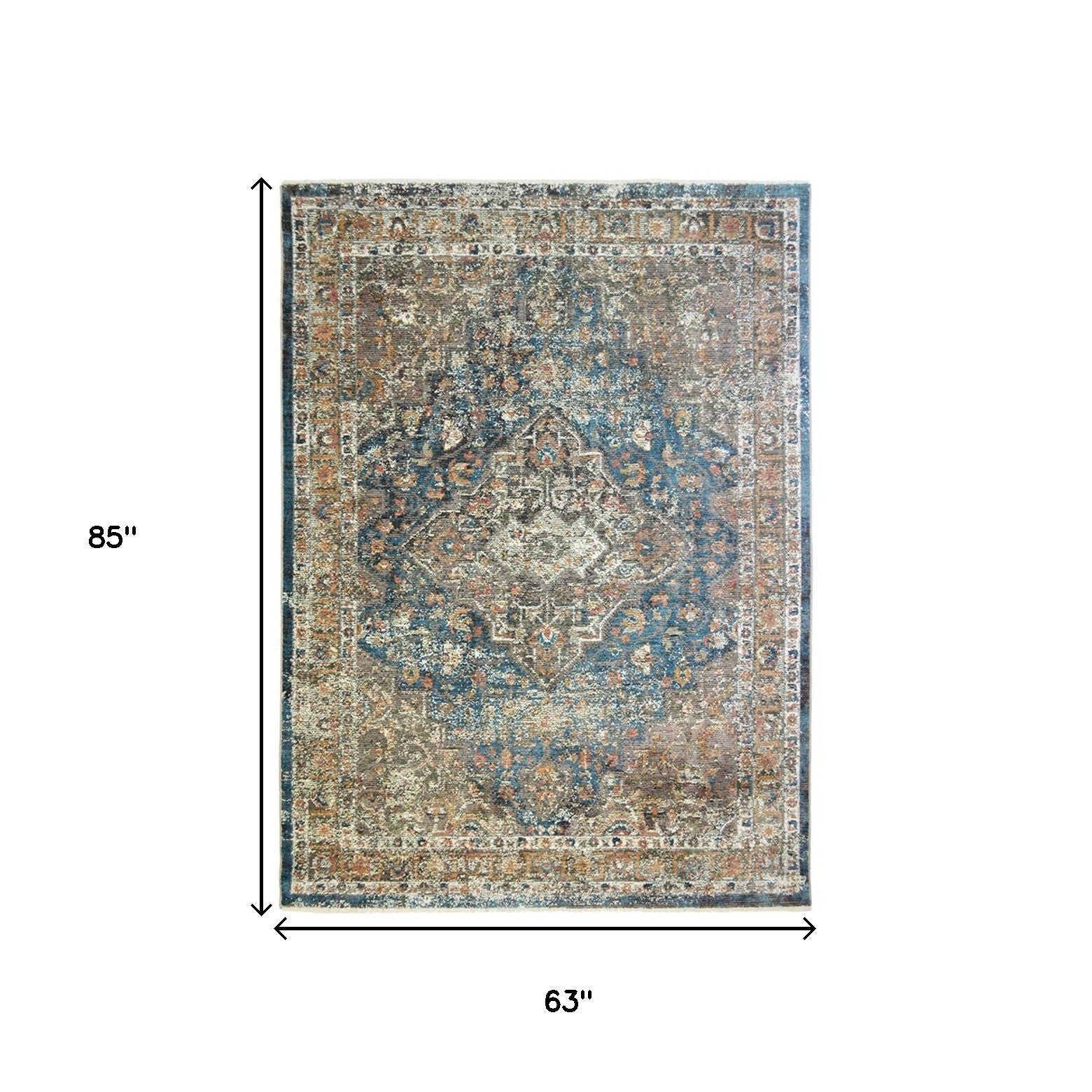 5' x 8' Blue and Brown Oriental Distressed Area Rug With Fringe