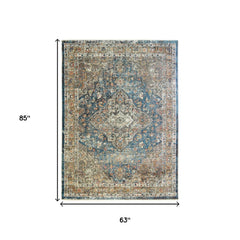 5' x 8' Blue and Brown Oriental Distressed Area Rug With Fringe